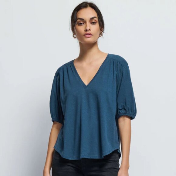 Nation LTD Edie Top Pima Cotton Hemp Bohemian Relaxed V-Neck Shirt Midnight Blue - Picture 2 of 10